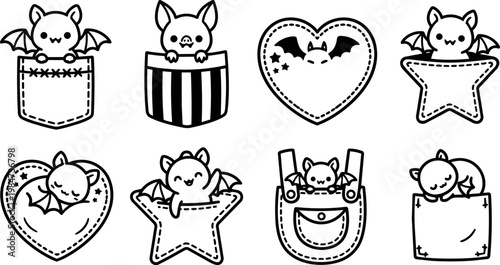 Cute bat and pig characters in pockets and heart star shapes line art vector
