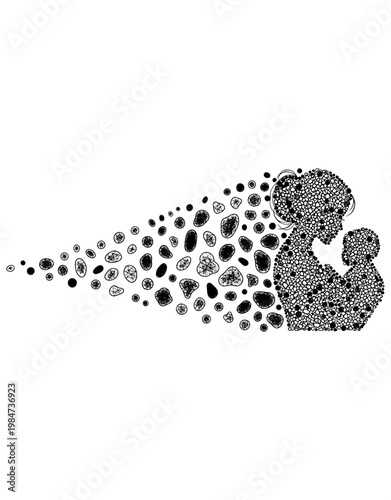Abstract depiction of a person emerging from a cluster of geometric shapes and dots.


