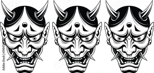 Japanese oni mask, demon face silhouette, traditional folklore design, horned mask illustration, cultural art vector, intimidating graphic emblem