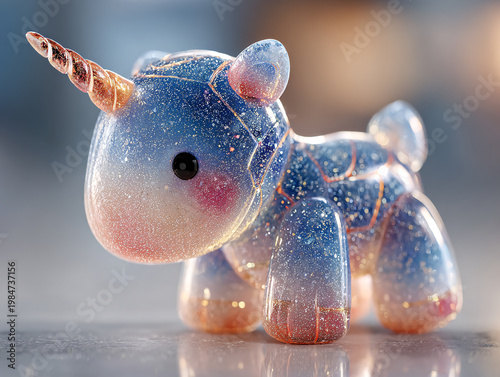 An adorable, futuristic robotic unicorn toy with a glittery blue body, transparent wings, and a striped horn, featuring a cute chibi face with big starry eyes and rosy cheeks.