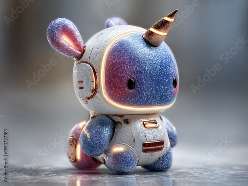 An adorable, futuristic robotic unicorn toy with a glittery blue body, transparent wings, and a striped horn, featuring a cute chibi face with big starry eyes and rosy cheeks.