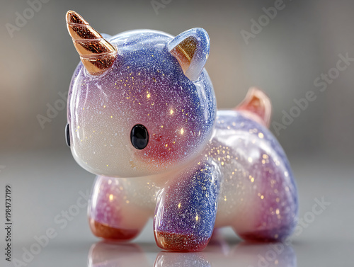 An adorable, futuristic robotic unicorn toy with a glittery blue body, transparent wings, and a striped horn, featuring a cute chibi face with big starry eyes and rosy cheeks.