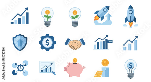 A set of fifteen flat vector icons representing business growth, financial investment, success, and startup strategy in shades of blue and gold.