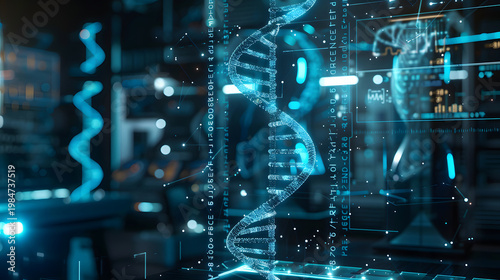 A glowing DNA strand overlaid with holographic AI interface inside a futuristic lab.