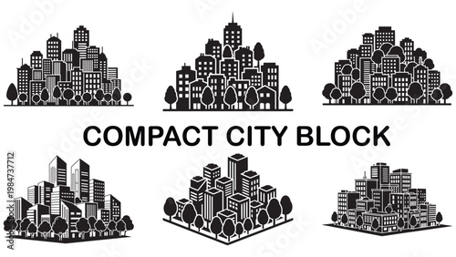 Compact City Block Icon with Trees and Mixed-Use Buildings — Minimal Black-and-White Solid Silhouette, Flat Vector, Isolated on White