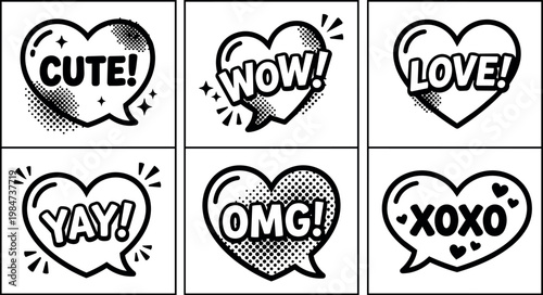 Black and white pop art hearts with cute wow love yay omg and xoxo phrases