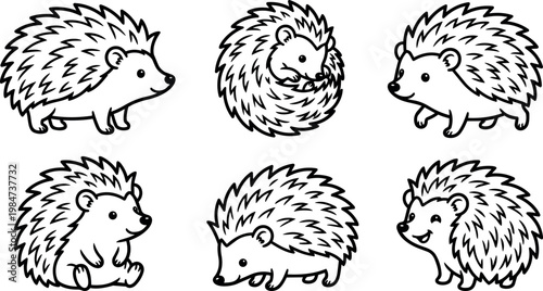 Black and white line art six cute hedgehogs in different poses vector illustration