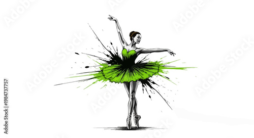 A beautiful ballerina in a green tutu dancing with vibrant movements