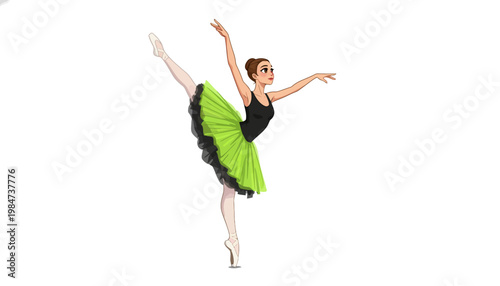 A beautiful young ballerina dancing in a green tutu on stage