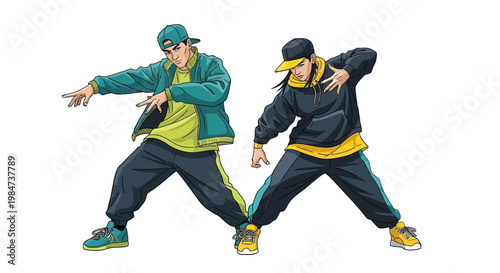 Two young men in casual streetwear clothing dancing energetically together