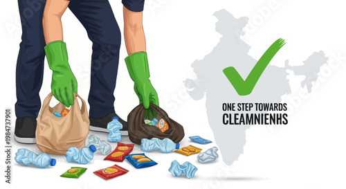 A person wearing green gloves picking up trash and recyclables