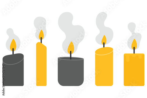 Five minimalist flat candles, some burning with yellow flames and grey smoke