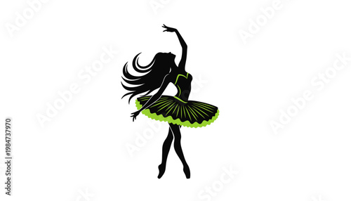A silhouette of a beautiful dancer in a green and black tutu