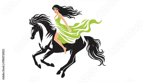 A beautiful woman riding a black horse with a green dress