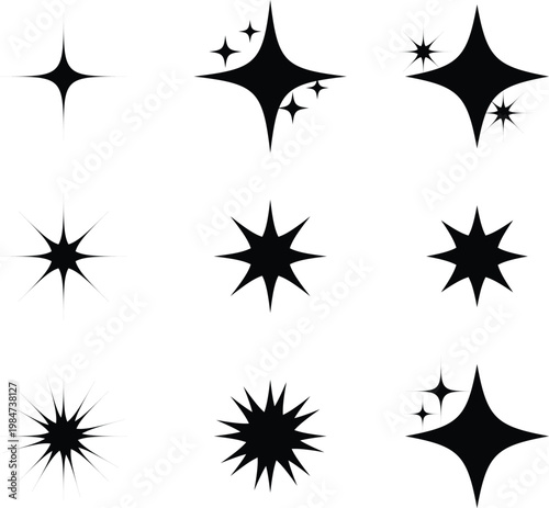 Set of 9 Black Sparkle Star Icons with Glitter and Starburst Shapes on White Background for Design Elements