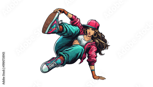 A young woman dancing energetically in a vibrant pink and teal outfit