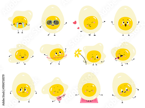 Eggs characters. Fried and cooked egg crying, in love, meditated, play music and doing exercises. Cartoon food for breakfast meals, nowaday vector set