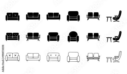Airport lounge sofa icon set waiting room furniture vector symbols