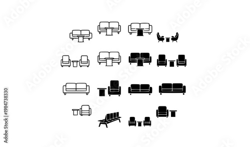 Airport lounge sofa icon set waiting room furniture vector symbols