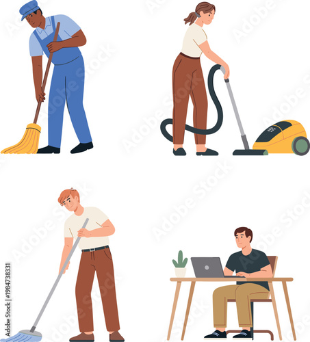 Cleaning service workers housekeeping janitor vacuuming mopping home office hygiene maintenance professional cleaner people vector illustration set