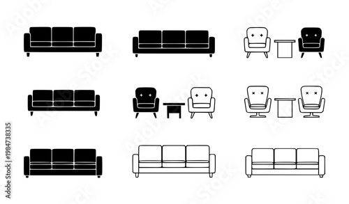 Minimal airport lounge sofa icon set waiting room seating vector symbols