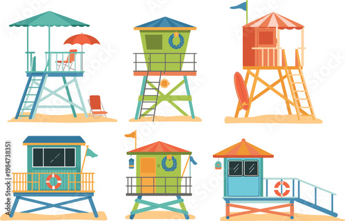 Colorful lifeguard towers beach huts seaside safety cabins summer ocean rescue stations coastal illustration set vacation tourism design