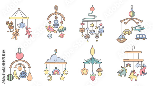 Doodle baby mobiles. Newborn bed accessories with hang toys. Unicorn, animal faces, fruits, space and nature elements for sleeping, neoteric vector clipart