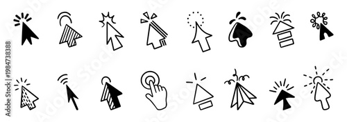 Doodle click icons. Mouse arrow pointer and finger for user interface navigation. Cursor with clicks details, press buttons, selection elements neoteric vector set