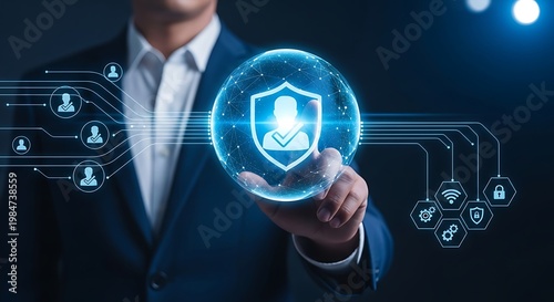 Businessman holding glowing blue shield with person and checkmark surrounded by network connections and security symbols