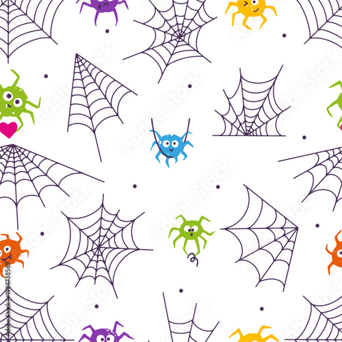Spider web seamless pattern. Doodle cobweb with spiders crayon drawing. Funny halloween insects characters. Creative print for textile design, neoteric vector background