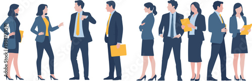 Flat business professionals discussing teamwork corporate employees communication office workplace collaboration standing people formal attire modern illustration concept