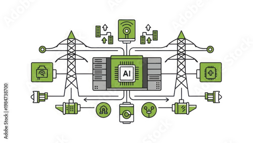 AI Smart Grid Concept Illustration: Digital Energy Distribution Network, Automation, and Power Management System