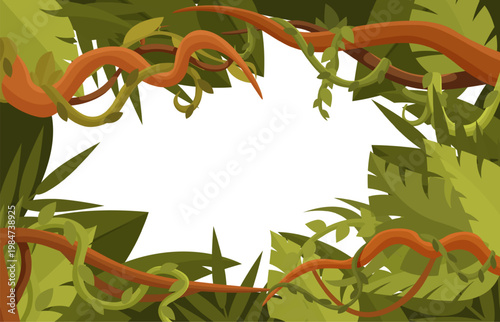 Tropical plants background. Exotil liana and leaf frame with empty space for text. Rainforest plant, tree, curved wooden stems. Cartoon sapid vector design