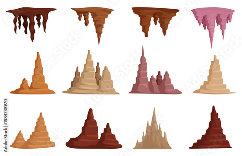 Cave stalactites. Cartoon stalagmites, inside mountain stone rocks. Sand mountains, underground tunnel mineral outgrowths, sapid limestone vector elements