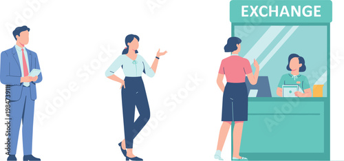 People exchanging currency at exchange counter, business travelers waiting in line, financial transaction concept, modern flat illustration for banking services