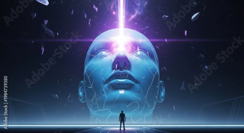 Abstract illustration of a glowing head with energy beam over silhouette figure