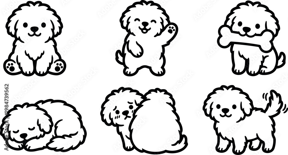 Obraz premium Black and white cartoon bichon frise puppies in various poses vector art
