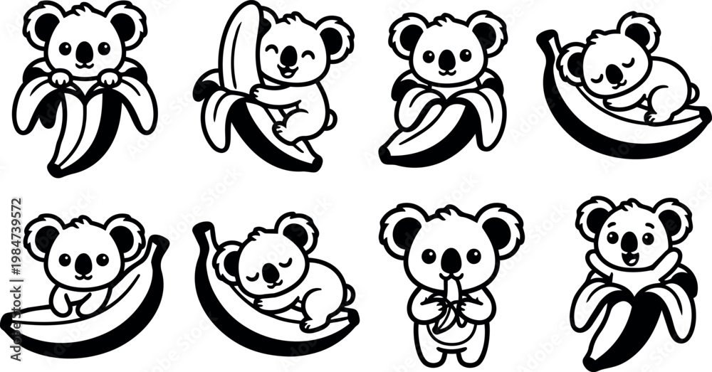 Fototapeta premium Black and white line art koalas with bananas in various poses
