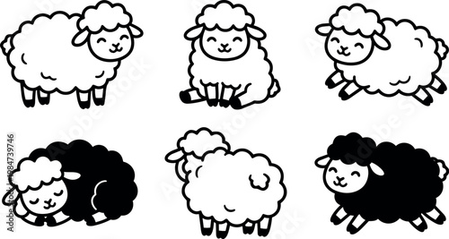 Black and white line art cute sheep in different poses vector illustration