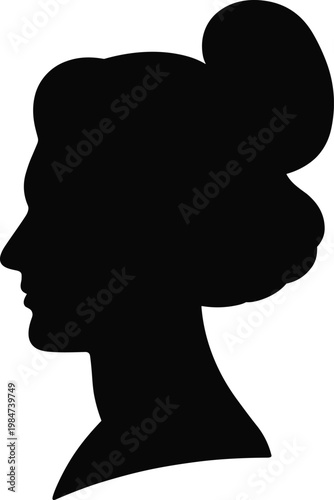 Silhouette profile of woman with bun hairstyle, black head outline, female portrait illustration, minimalist design, vector art, stock image