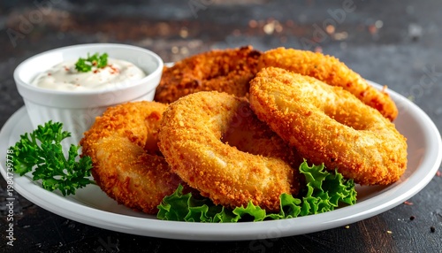 Golden-fried onion rings arranged on a plate with a white dipping sauce and parsley garnish