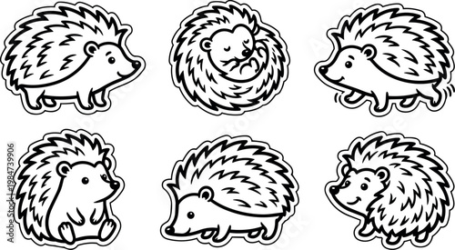 Cute black and white hedgehogs in different poses vector line art