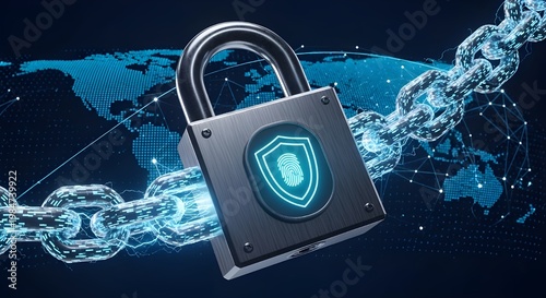Cyber Security Padlock with Fingerprint Shield and Glowing Metal Chain over Digital Blue World Map