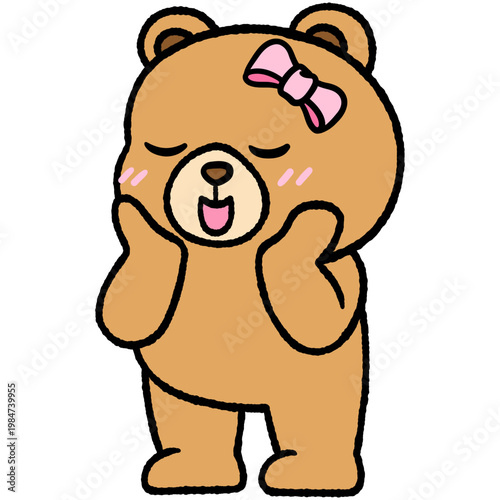 Chubby belly cute feminine teddy bear in love and stand blush bashful filled outline doodle hand-drawn