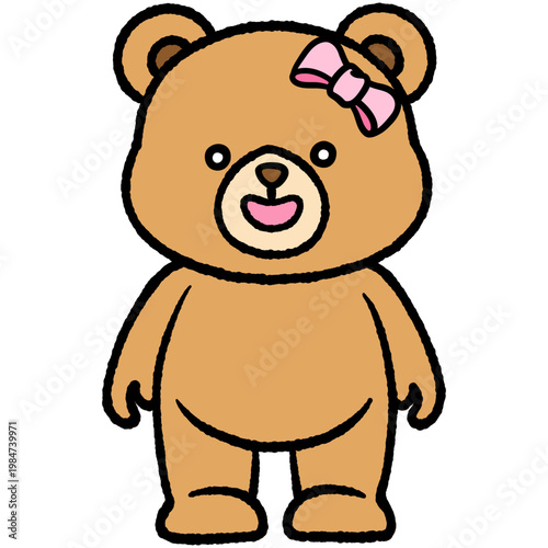 Chubby belly cute girl teddy bear with bow stand and cozy smile filled outline doodle hand-drawn