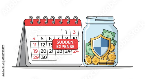 Calendar and Jar of Coins with Shield Symbolizing Financial Security Against Sudden Expenses