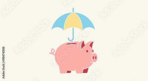Piggy bank protected by a colorful umbrella, symbolizing financial security and savings