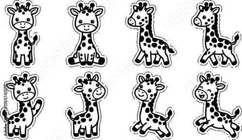 Black and white playful cartoon giraffe characters in different poses vector art