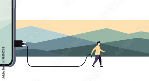 Person walking with a smartphone charging cable connected to a portable power source against a mountain landscape background, symbolizing connectivity and energy