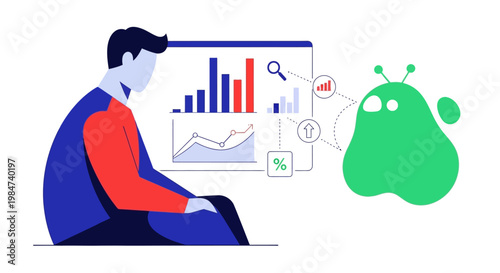 Business growth concept with analytics and a cute alien character